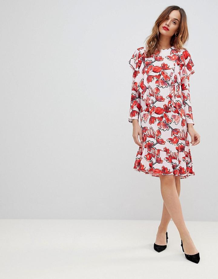 Y.a.s Graphic Floral Frill Midi Shift Dress-multi