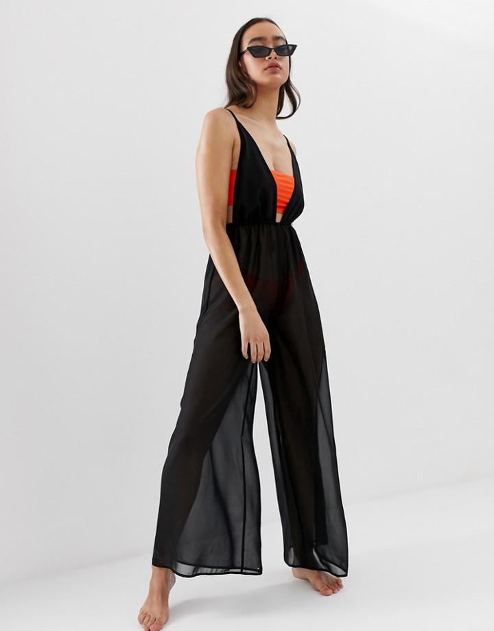 Candypants Wide Leg Plunge Beach Jumpsuit In Black