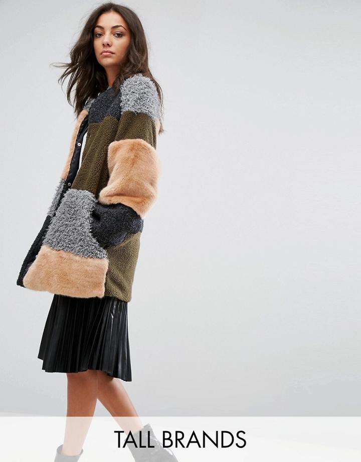 Noisy May Tall Patchwork Faux Fur Longline Coat - Green