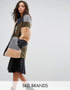 Noisy May Tall Patchwork Faux Fur Longline Coat - Green