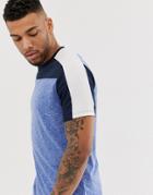 Asos Design Relaxed Longline T-shirt With Curved Hem And Contrast Shoulder And Body Panels With Blue Interest Fabric - Blue
