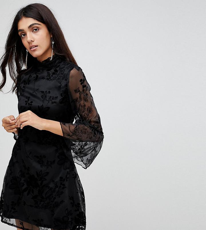 Parisan Tall High Neck Floral Lace Dress With Flare Sleeve - Black