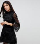Parisan Tall High Neck Floral Lace Dress With Flare Sleeve - Black