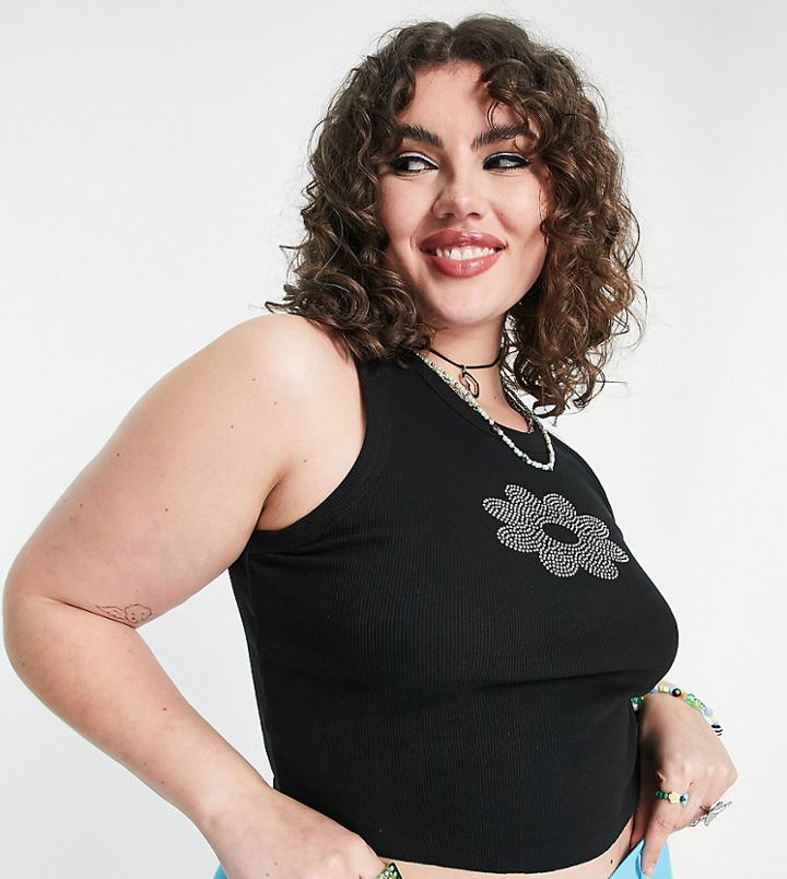 Collusion Plus Rhinestone Flower Tank Top In Black