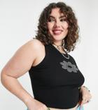 Collusion Plus Rhinestone Flower Tank Top In Black