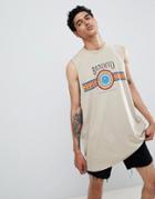 Asos Design Oversized Super Longline Sleeveless T-shirt With Dropped Armhole And Emblem Print - Beige