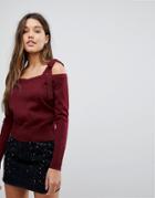 Fashion Union Knit Cold Shoulder Sweater With Tie Sleeve Detail - Red