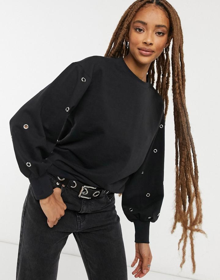 Violet Romance Volume Sleeve Sweater With Eyelet Detail In Black