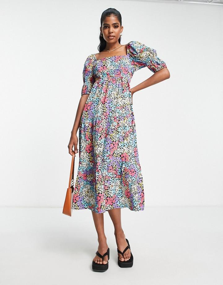 Influence Square Neck Puff Sleeve Midi Dress In Bold Floral Print-multi