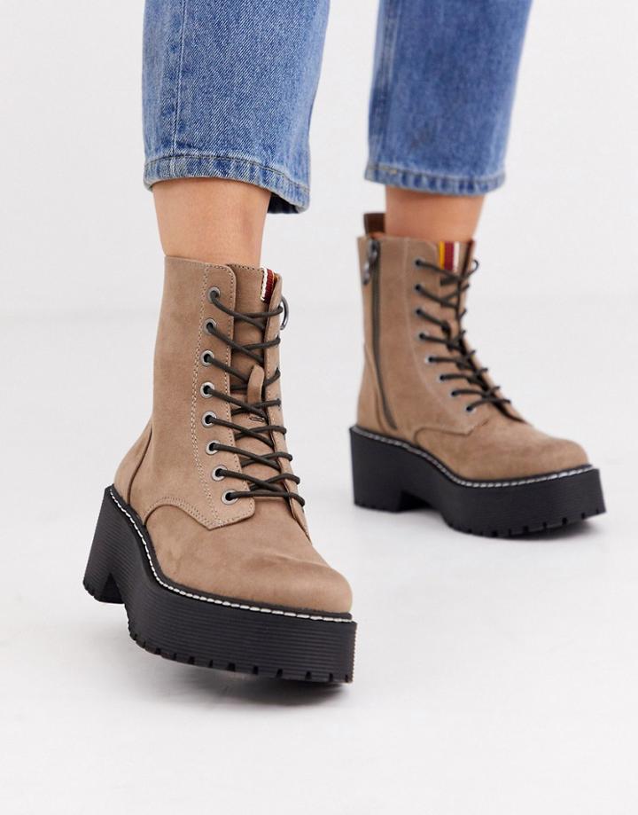 Pull & Bear Faux Suede Lace Front Chunky Sole Boots In Taupe-gray