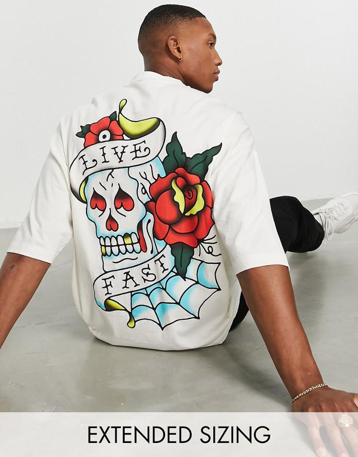 Asos Design Oversized T-shirt In Off-white With Tattoo Skull Back Print