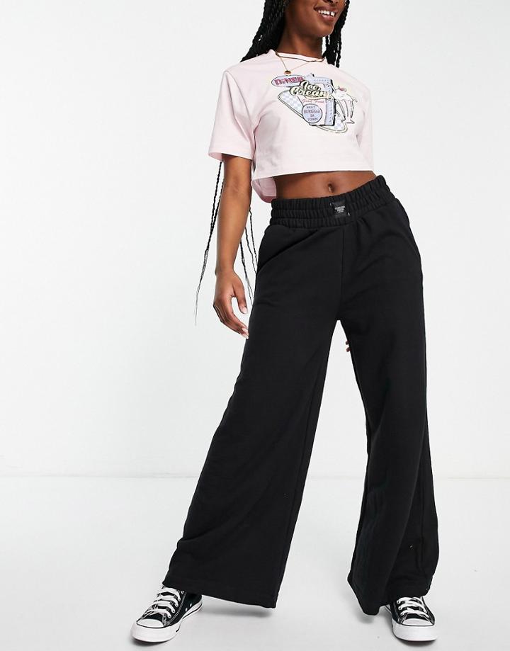 Chelsea Peers High Waist Wide Leg Sweatpants With Woven Logo Tab In Black