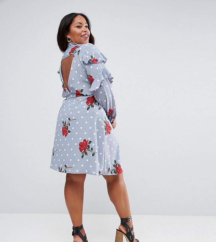Asos Curve Ruffle Front Shirt Dress In Spot And Floral Print - Multi