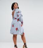 Asos Curve Ruffle Front Shirt Dress In Spot And Floral Print - Multi