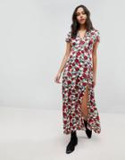 Wyldr Rose Printed Maxi Dress With Capped Sleeves And Deep V Neckline - Multi