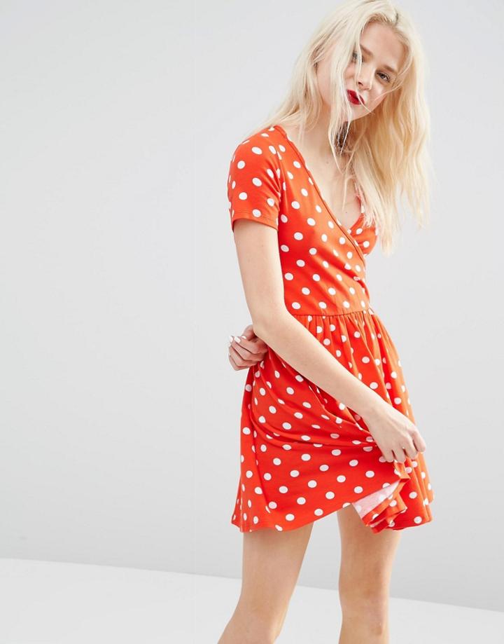 Asos Skater Mini Dress With Ballet Wrap In Polka Dot - Red
