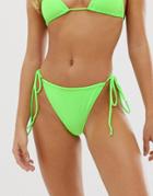 Boohoo Exclusive High Leg Tie Side Bikini Bottoms In Neon Green - Green