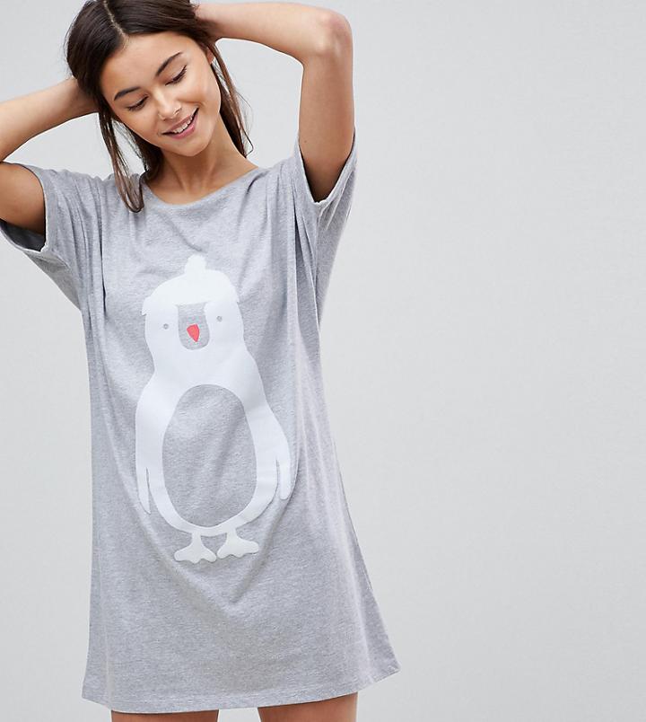 Asos Tall Holidays Flocked Penquin Oversize Sleep Tee - Gray