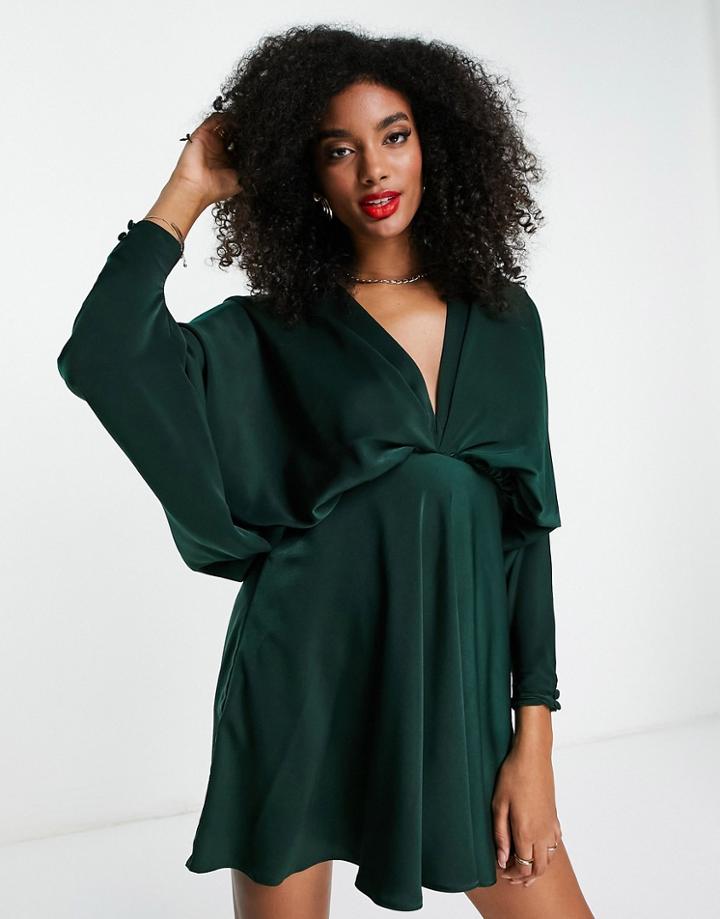 Asos Design Batwing Satin Mini Dress With Bias Cut Skirt And Tie Back-green