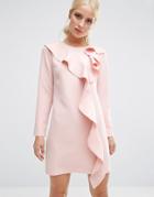 Asos Long Sleeve Shift Dress With Ruffle Front - Pink