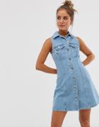 Asos Design Denim Sleevless Skater Shirt Dress - Blue