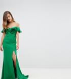 Jarlo Petite Frill Off Shoulder Maxi Dress With Thigh Split - Green