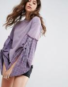 Asos Top In Wash With Super Long Check Sleeves - Multi