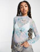 Weekday Recycled Polyester High Neck Mesh Top In Blue Flower Print-multi