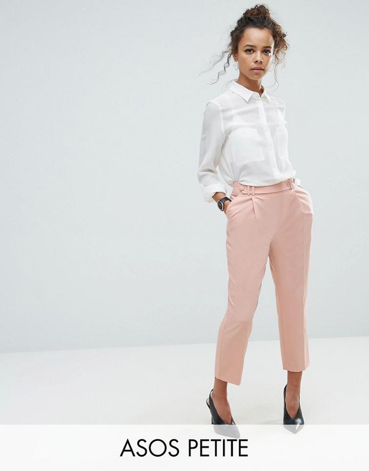 Asos Petite Tailored Pleat Front High Waist Tapered Pants With Button & Tab Detail - Pink