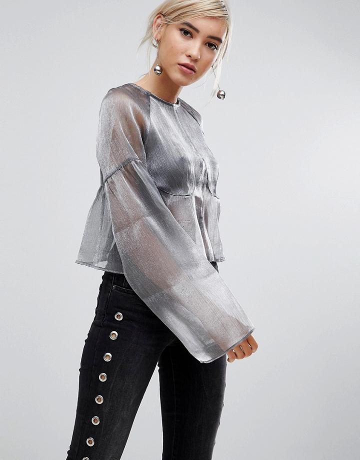 Lost Ink Sheer Top In Metallic - Silver