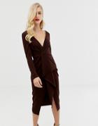 Asos Design Long Sleeve Textured Wrap Midi Dress-brown