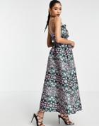 Asos Edition Cami Midi Dress With Shirred Panel In Floral Jacquard-multi