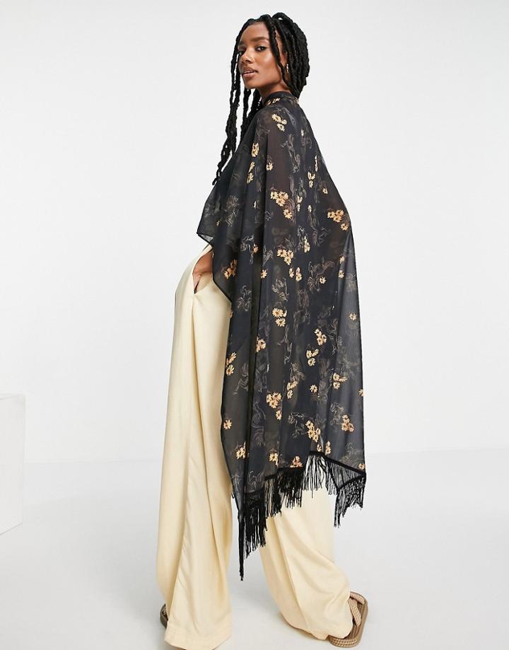 Asos Design Tassel Cape In Horse And Flower Print-black