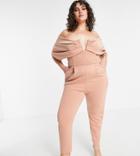 Asos Design Curve Scuba Off Shoulder V Bar Slim Leg Jumpsuit-pink