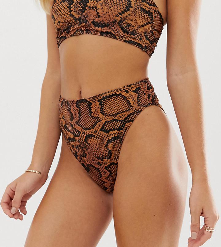 Missguided High Leg Bikini Bottoms In Snake Print - Brown