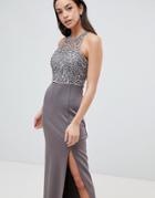 Ax Paris Lace Upper Maxi Dress With Side Slit - Gray