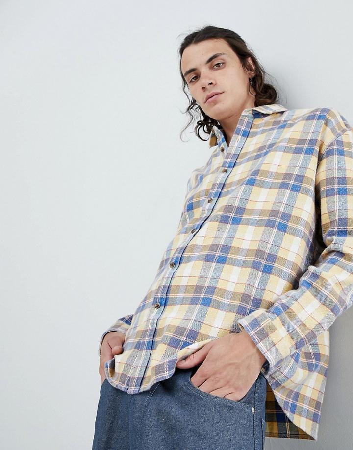 Asos Design Oversized Check Shirt In Yellow With Bleach Wash - Yellow