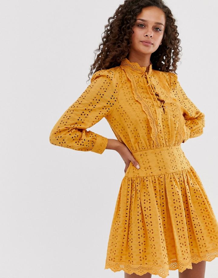 Asos Design Broderie Mini Tea Dress - Yellow