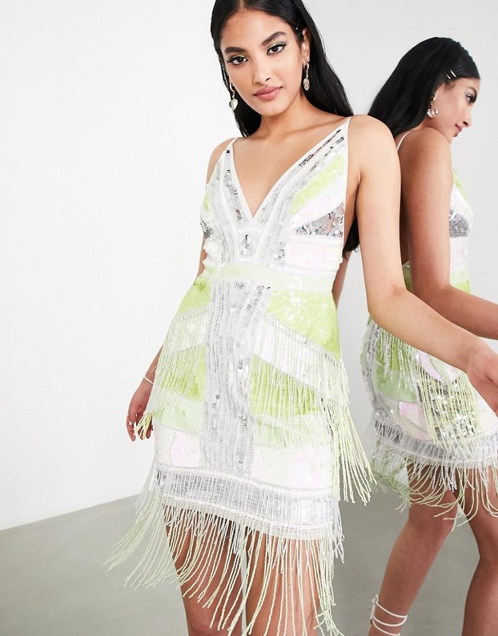 Asos Edition Mini Cami Dress In Pastel Diamond Fringe Embellishment-multi