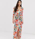 Asos Design Tall Ruched Sleeve Open Back Maxi Dress In Floral Print - Multi