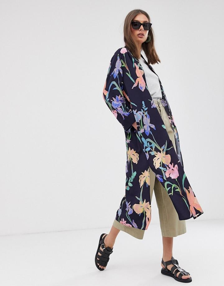 Weekday Floral Print Kimono Jacket In Navy-multi