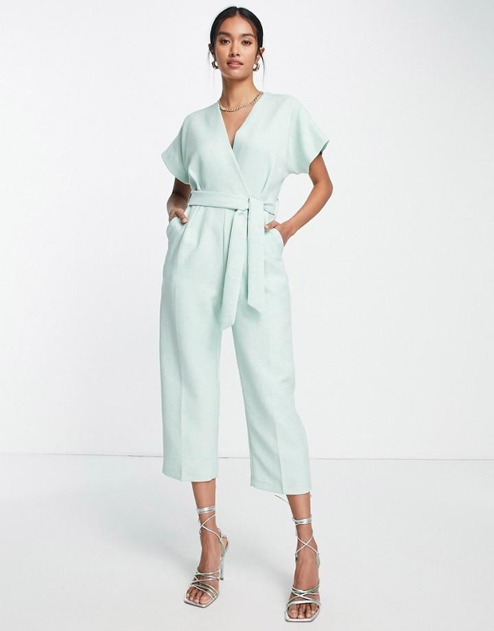 Closet London Tie Waist Kimono Jumpsuit In Sage-green