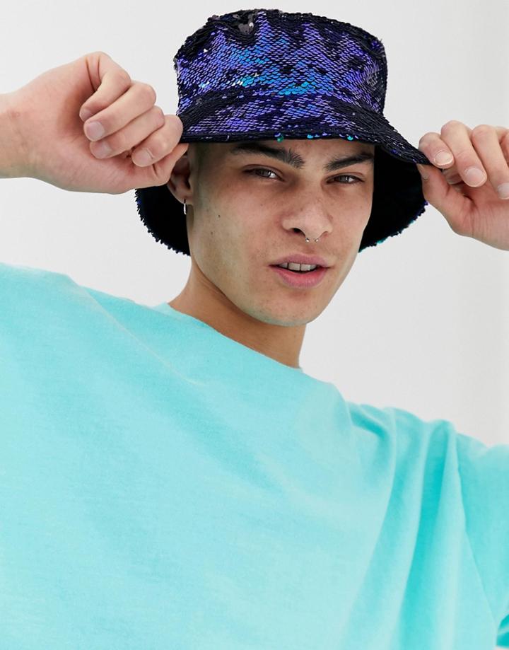 Asos Design Two-tone Sequin Bucket Hat - Green