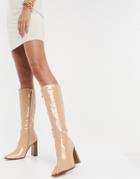 Simmi London Melisa Knee Boots With Metal Plating In Beige Patent-neutral