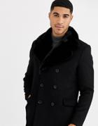 Gianni Feraud Premium Faux Fur Collar Cashmere Double Breasted Overcoat-black