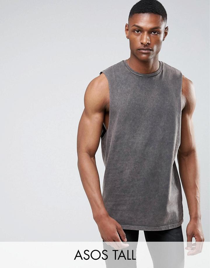 Asos Tall Longline Sleeveless T-shirt With Extreme Dropped Armhole In Acid Wash Gray - Gray