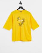 Asos Design Oversized T-shirt In Yellow Organic Cotton With Flower Print-orange
