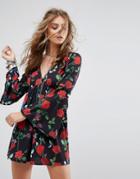 Kiss The Sky Swing Dress With Flared Sleeves And Tie Back In Floral Print - Black