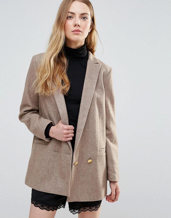 Ganni Hawthorne Wool Double Breasted Blazer - Beige