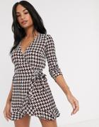 River Island Houndstooth Check Wrap Romper In Black-multi